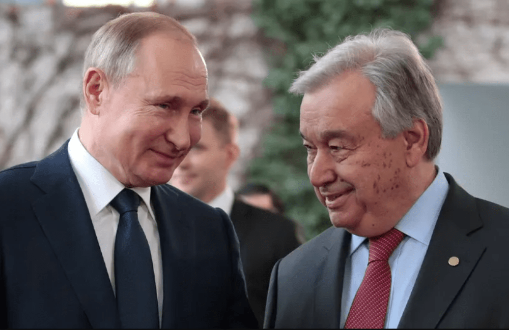 Antonio Guterres (United Nations) and Vladimir Putin (Russia) at Libya summit in Berlin, Germany in January 2020